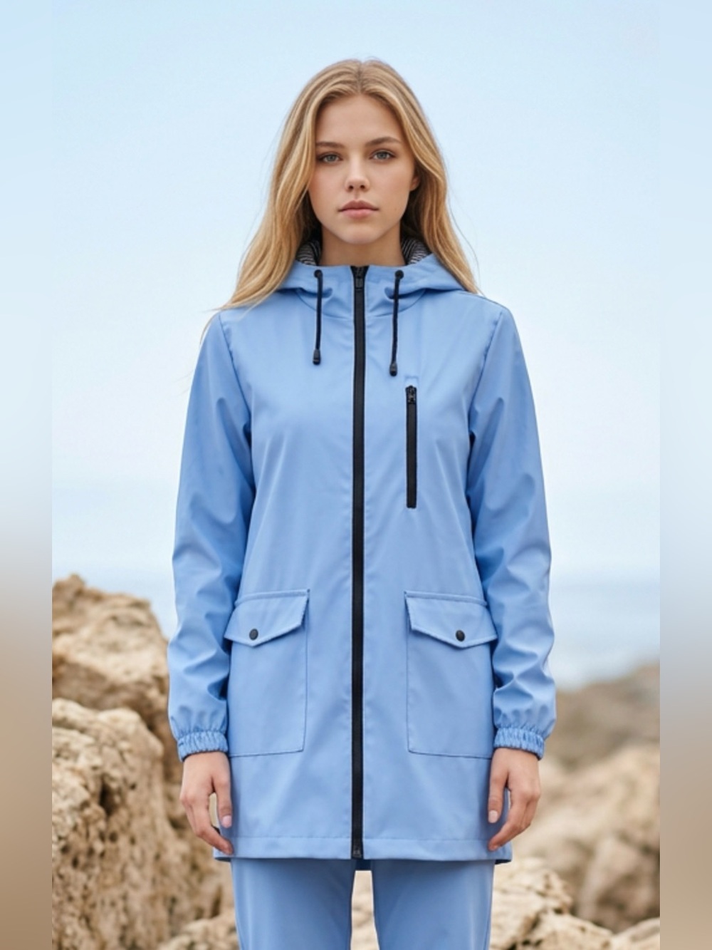 London Fog Waterproof Women's Light Blue Hooded Trench Coat
